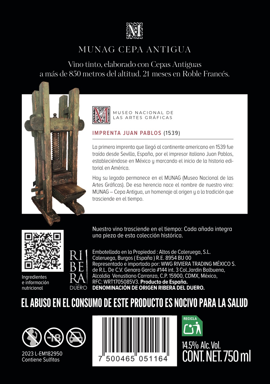 Contraetiqueta MUNAG Cepa Antigua con la Imprenta Juan Pablos, 1539